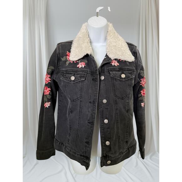 Pacsun Black Denim Jacket Sherpa Collar Rose Embroidery Women’s Size S - Picture 1 of 11